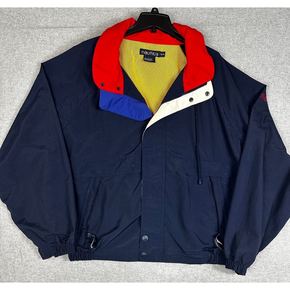 VTG Nautica Windbreaker Jacket w Hood Mens XXL Blue Colorblock Mesh Lined Zip Up